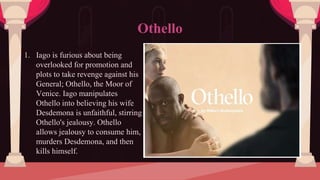 1. Iago is furious about being
overlooked for promotion and
plots to take revenge against his
General; Othello, the Moor of
Venice. Iago manipulates
Othello into believing his wife
Desdemona is unfaithful, stirring
Othello's jealousy. Othello
allows jealousy to consume him,
murders Desdemona, and then
kills himself.
Othello
 