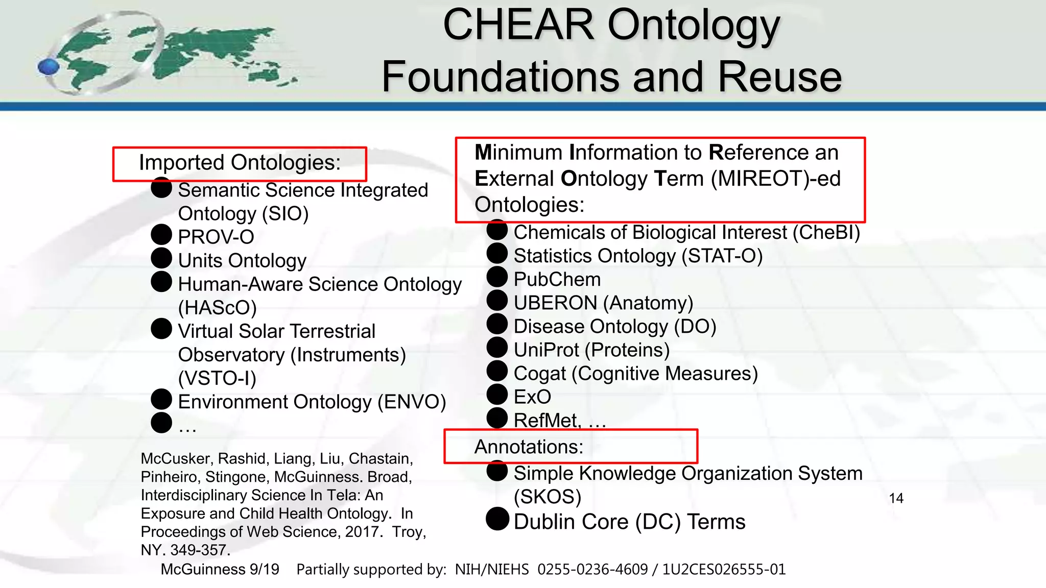 Ontology Foundations
14
Imported Ontologies:
●Semantic Science Integrated
Ontology (SIO)
●PROV-O
●Units Ontology
●Human-Aware Science Ontology
(HAScO)
●Virtual Solar Terrestrial
Observatory (Instruments)
(VSTO-I)
●Environment Ontology (ENVO)
●…
Minimum Information to Reference an
External Ontology Term (MIREOT)-ed
Ontologies:
●Chemicals of Biological Interest (CheBI)
●Statistics Ontology (STAT-O)
●PubChem
●UBERON (Anatomy)
●Disease Ontology (DO)
●UniProt (Proteins)
●Cogat (Cognitive Measures)
●ExO
●RefMet, …
Annotations:
●Simple Knowledge Organization System
(SKOS)
●Dublin Core (DC) Terms
14
CHEAR Ontology
Foundations and Reuse
McGuinness 9/19 Partially supported by: NIH/NIEHS 0255-0236-4609 / 1U2CES026555-01
McCusker, Rashid, Liang, Liu, Chastain,
Pinheiro, Stingone, McGuinness. Broad,
Interdisciplinary Science In Tela: An
Exposure and Child Health Ontology. In
Proceedings of Web Science, 2017. Troy,
NY. 349-357.
 