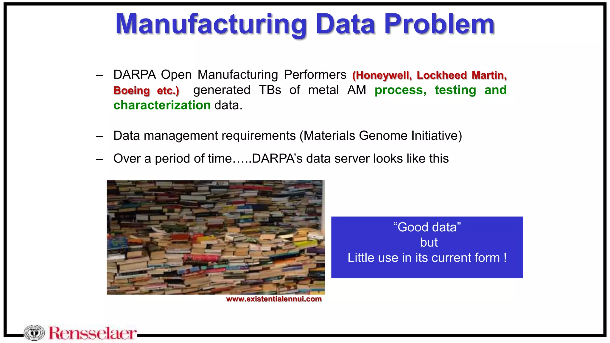 Manufacturing Data Problem
– DARPA Open Manufacturing Performers (Honeywell, Lockheed Martin,
Boeing etc.) generated TBs of metal AM process, testing and
characterization data.
– Data management requirements (Materials Genome Initiative)
– Over a period of time…..DARPA’s data server looks like this
www.existentialennui.com
“Good data”
but
Little use in its current form !
 