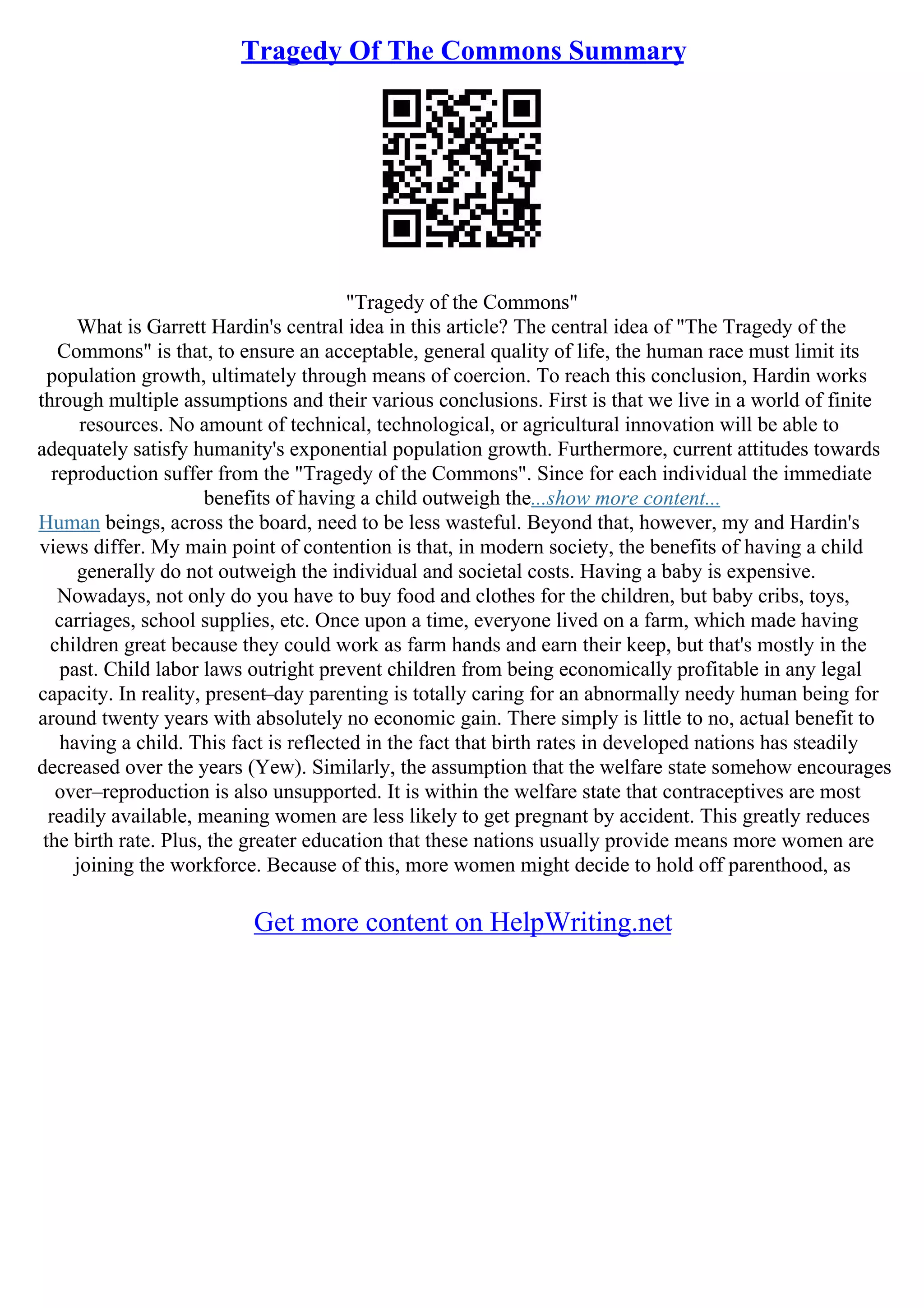 Tragedy Of The Commons Essay | PDF