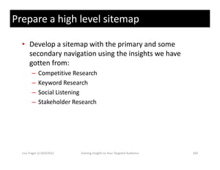 Prepare a high level sitemap

  • Develop a sitemap with the primary and some 
    secondary navigation using the insights we have 
    secondary navigation using the insights we have
    gotten from:
         –    Competitive Research
              Competitive Research
         –    Keyword Research
         –    Social Listening
         –    Stakeholder Research




  Lisa Trager (c) 8/4/2012   Gaining Insights to Your Targeted Audience   102
 