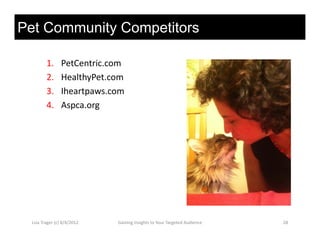 Pet Community Competitors

         1.      PetCentric.com
         2.
         2       HealthyPet.com
                 HealthyPet com
         3.      Iheartpaws.com
         4.      Aspca.org




  Lisa Trager (c) 8/4/2012   Gaining Insights to Your Targeted Audience   28
 