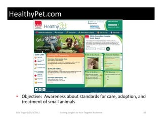 HealthyPet.com




 • Objective:  Awareness about standards for care, adoption, and 
   treatment of small animals
   treatment of small animals

 Lisa Trager (c) 8/4/2012   Gaining Insights to Your Targeted Audience   30
 