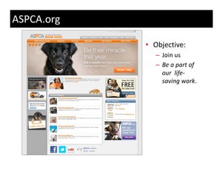 ASPCA.org

            • Objective:
               –J i
                 Join us 
               – Be a part of 
                 our  life‐
                        f
                 saving work.
 