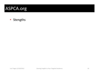 ASPCA.org

 • Stengths




 Lisa Trager (c) 8/4/2012   Gaining Insights to Your Targeted Audience   43
 