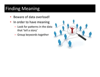 Finding Meaning
 • Beware of data overload!
 • In order to have meaning
   – Look for patterns in the data 
     that ‘tell a story’
   – Group keywords together
             k       d      h
 