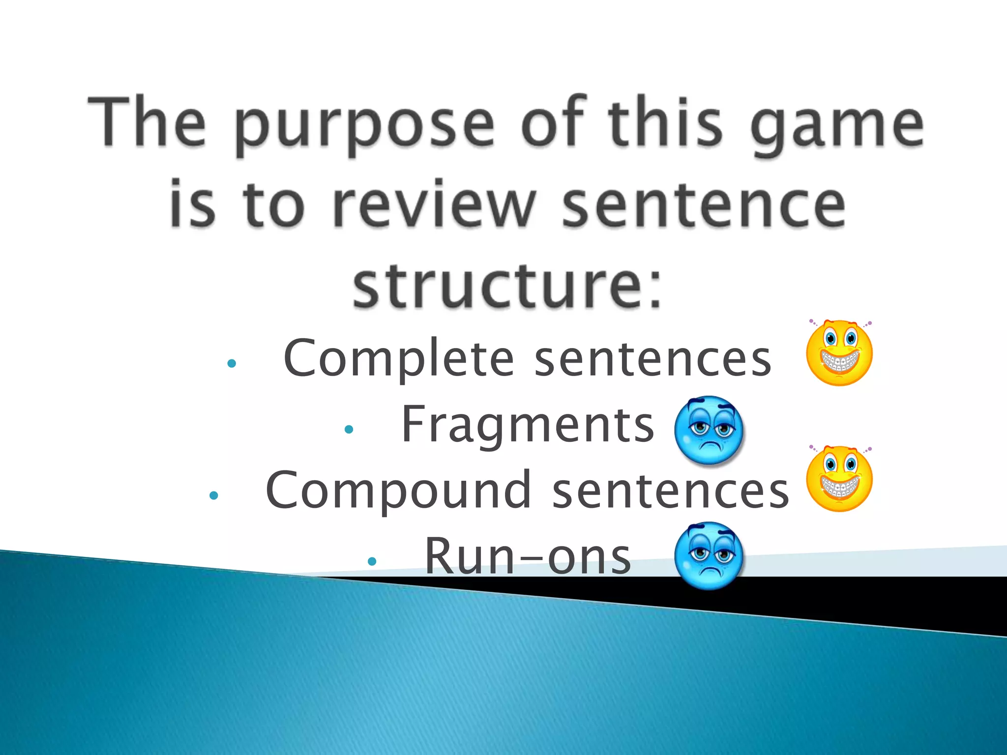 • Complete sentences
• Fragments
• Compound sentences
• Run-ons
