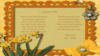 Que forças serão estas, que bravuras,
Que inusitadamente me sustentam
De novo bem querenças e branduras?
Sinto que em mim renascem e fermentam
Novos alvores de fé nessas alturas
Que virtude confere aos que se tentam.
Transporto em mim, oh dona dos meus dias
Toda a paixão que só ao amor concerne
Não são - vos juro - quimeras, fantasias
Nem vontade outra que a minha governe.
Trago rosas no peito que à vida pertence
Que a morte não a quero sem provar
Deste amor que me habita e que me vence
Depois de haver sulcado o largo mar.
Trago Rosas No Peito
Eugénio de Sá
Sintra - Portugal
 