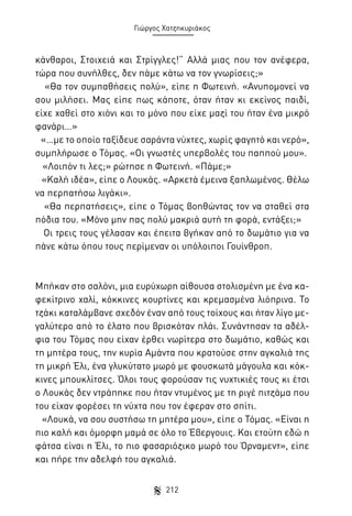Γιώργος Χατζηκυριάκος

κάνθαροι, Στοιχειά και Στρίγγλες!” Αλλά μιας που τον ανέφερα,
τώρα που συνήλθες, δεν πάμε κάτω να τον γνωρίσεις;»
«Θα τον συμπαθήσεις πολύ», είπε η Φωτεινή. «Ανυπομονεί να
σου μιλήσει. Μας είπε πως κάποτε, όταν ήταν κι εκείνος παιδί,
είχε χαθεί στο χιόνι και το μόνο που είχε μαζί του ήταν ένα μικρό
φανάρι…»
«…με το οποίο ταξίδευε σαράντα νύχτες, χωρίς φαγητό και νερό»,
συμπλήρωσε ο Τόμας. «Οι γνωστές υπερβολές του παππού μου».
«Λοιπόν τι λες;» ρώτησε η Φωτεινή. «Πάμε;»
«Καλή ιδέα», είπε ο Λουκάς. «Αρκετά έμεινα ξαπλωμένος. Θέλω
να περπατήσω λιγάκι».
«Θα περπατήσεις», είπε ο Τόμας βοηθώντας τον να σταθεί στα
πόδια του. «Μόνο μην πας πολύ μακριά αυτή τη φορά, εντάξει;»
Οι τρεις τους γέλασαν και έπειτα βγήκαν από το δωμάτιο για να
πάνε κάτω όπου τους περίμεναν οι υπόλοιποι Γουίνθροπ.

Μπήκαν στο σαλόνι, μια ευρύχωρη αίθουσα στολισμένη με ένα καφεκίτρινο χαλί, κόκκινες κουρτίνες και κρεμασμένα λιόπρινα. Το
τζάκι καταλάμβανε σχεδόν έναν από τους τοίχους και ήταν λίγο μεγαλύτερο από το έλατο που βρισκόταν πλάι. Συνάντησαν τα αδέλφια του Τόμας που είχαν έρθει νωρίτερα στο δωμάτιο, καθώς και
τη μητέρα τους, την κυρία Αμάντα που κρατούσε στην αγκαλιά της
τη μικρή Έλι, ένα γλυκύτατο μωρό με φουσκωτά μάγουλα και κόκκινες μπουκλίτσες. Όλοι τους φορούσαν τις νυχτικιές τους κι έτσι
ο Λουκάς δεν ντράπηκε που ήταν ντυμένος με τη ριγέ πιτζάμα που
του είχαν φορέσει τη νύχτα που τον έφεραν στο σπίτι.
«Λουκά, να σου συστήσω τη μητέρα μου», είπε ο Τόμας. «Είναι η
πιο καλή και όμορφη μαμά σε όλο το Έβεργουις. Και ετούτη εδώ η
φάτσα είναι η Έλι, το πιο φασαριόζικο μωρό του Όρναμεντ», είπε
και πήρε την αδελφή του αγκαλιά.
212

 