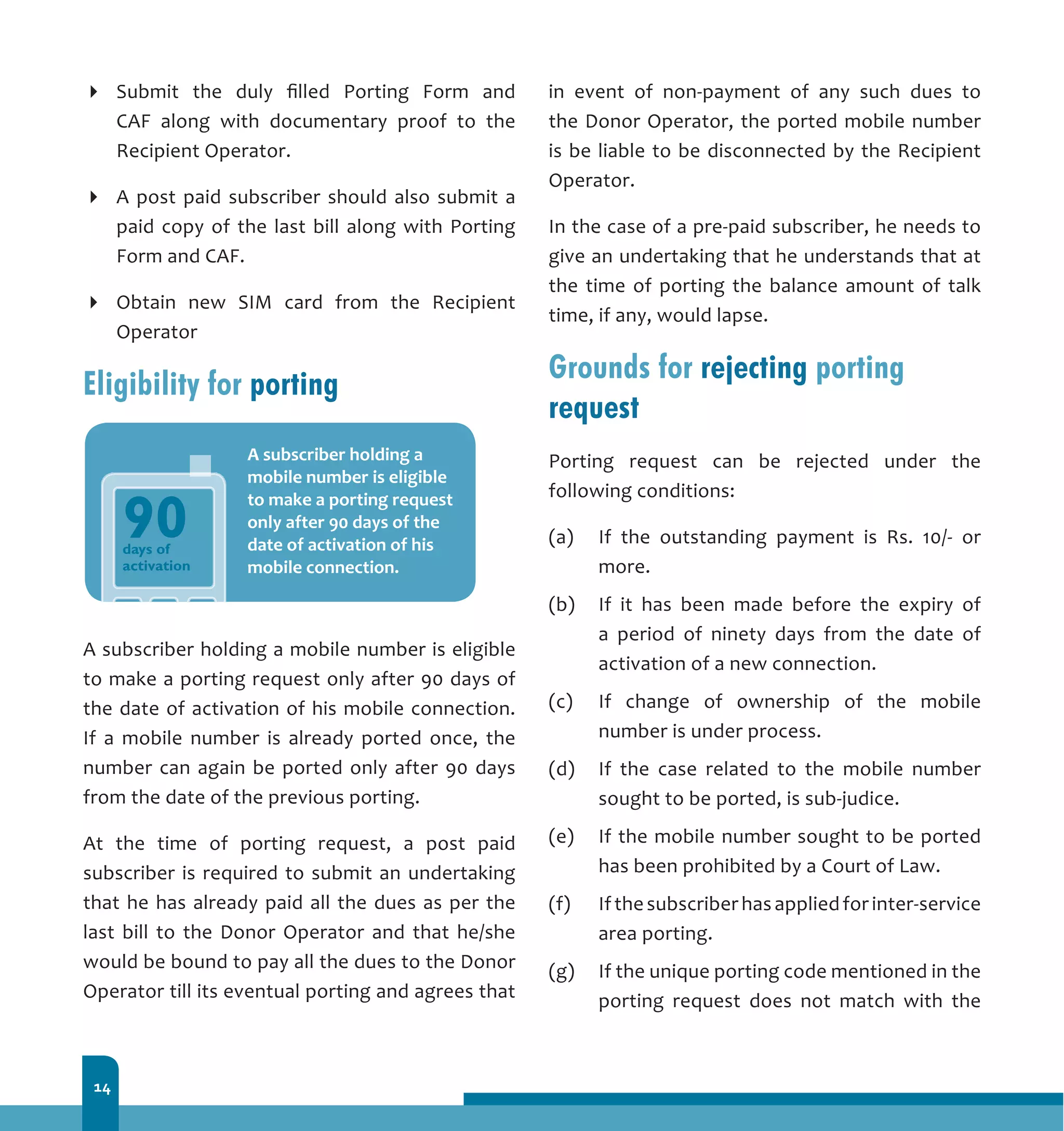 14
Submit the duly filled Porting Form and
CAF along with documentary proof to the
Recipient Operator.
A post paid subscriber should also submit a
paid copy of the last bill along with Porting
Form and CAF.	
Obtain new SIM card from the Recipient
Operator
Eligibility for porting
A subscriber holding a mobile number is eligible
to make a porting request only after 90 days of
the date of activation of his mobile connection.
If a mobile number is already ported once, the
number can again be ported only after 90 days
from the date of the previous porting.
At the time of porting request, a post paid
subscriber is required to submit an undertaking
that he has already paid all the dues as per the
last bill to the Donor Operator and that he/she
would be bound to pay all the dues to the Donor
Operator till its eventual porting and agrees that
in event of non-payment of any such dues to
the Donor Operator, the ported mobile number
is be liable to be disconnected by the Recipient
Operator.
In the case of a pre-paid subscriber, he needs to
give an undertaking that he understands that at
the time of porting the balance amount of talk
time, if any, would lapse.
Grounds for rejecting porting
request
Porting request can be rejected under the
following conditions:
(a)	 If the outstanding payment is Rs. 10/- or
more.
(b)	 If it has been made before the expiry of
a period of ninety days from the date of
activation of a new connection.
(c)	 If change of ownership of the mobile
number is under process.
(d)	 If the case related to the mobile number
sought to be ported, is sub-judice.
(e)	 If the mobile number sought to be ported
has been prohibited by a Court of Law.
(f)	 If the subscriber has applied for inter-service
area porting.
(g)	 If the unique porting code mentioned in the
porting request does not match with the
 