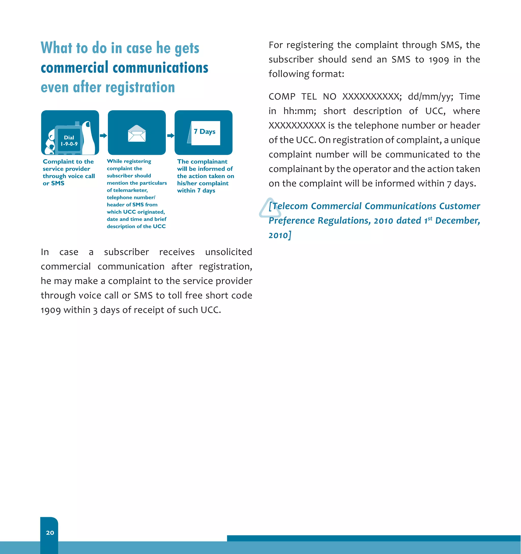20
What to do in case he gets
commercial communications
even after registration
In case a subscriber receives unsolicited
commercial communication after registration,
he may make a complaint to the service provider
through voice call or SMS to toll free short code
1909 within 3 days of receipt of such UCC.
For registering the complaint through SMS, the
subscriber should send an SMS to 1909 in the
following format:
COMP TEL NO XXXXXXXXXX; dd/mm/yy; Time
in hh:mm; short description of UCC, where
XXXXXXXXXX is the telephone number or header
of the UCC. On registration of complaint, a unique
complaint number will be communicated to the
complainant by the operator and the action taken
on the complaint will be informed within 7 days.
[Telecom Commercial Communications Customer
Preference Regulations, 2010 dated 1st
December,
2010]
 