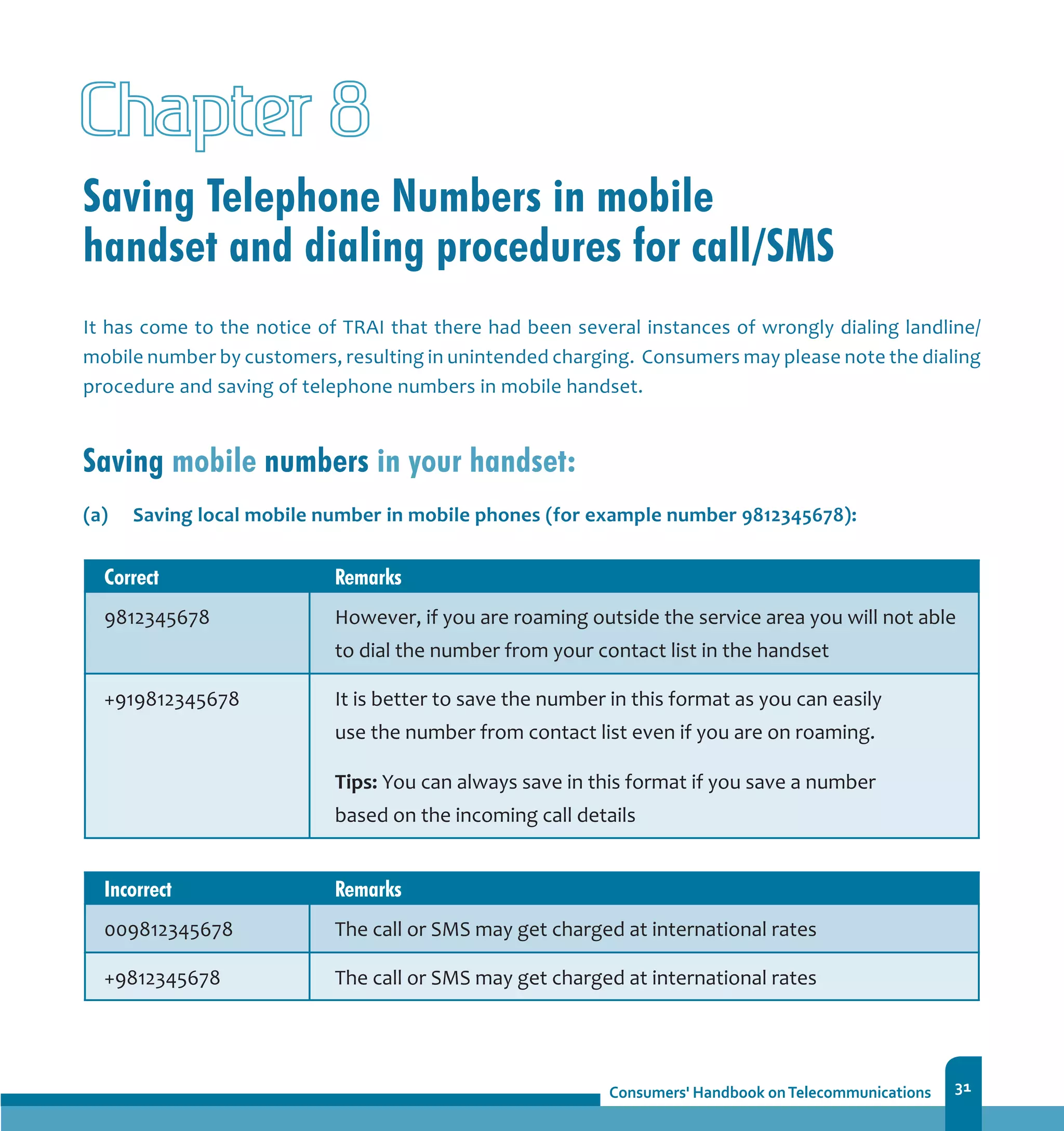 31
Saving Telephone Numbers in mobile
handset and dialing procedures for call/SMS
Chapter 8
Saving mobile numbers in your handset:
(a) 	 Saving local mobile number in mobile phones (for example number 9812345678):
It has come to the notice of TRAI that there had been several instances of wrongly dialing landline/
mobile number by customers, resulting in unintended charging. Consumers may please note the dialing
procedure and saving of telephone numbers in mobile handset.
 