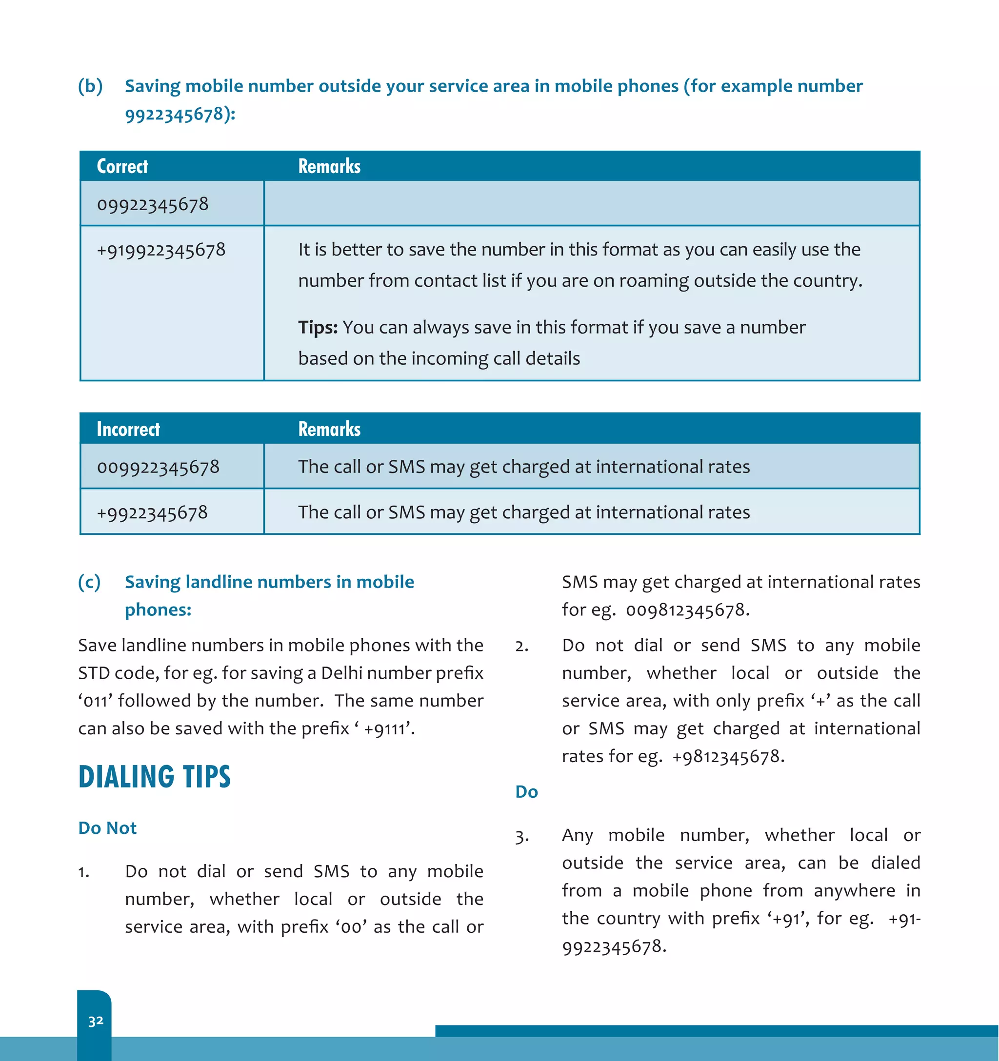 32
(b) 	 Saving mobile number outside your service area in mobile phones (for example number
9922345678):
(c) 	 Saving landline numbers in mobile
phones:
Save landline numbers in mobile phones with the
STD code, for eg. for saving a Delhi number prefix
‘011’ followed by the number. The same number
can also be saved with the prefix ‘ +9111’.
DIALING TIPS
Do Not
1. 	 Do not dial or send SMS to any mobile
number, whether local or outside the
service area, with prefix ‘00’ as the call or
SMS may get charged at international rates
for eg. 009812345678.
2. 	 Do not dial or send SMS to any mobile
number, whether local or outside the
service area, with only prefix ‘+’ as the call
or SMS may get charged at international
rates for eg. +9812345678.
Do
3. 	 Any mobile number, whether local or
outside the service area, can be dialed
from a mobile phone from anywhere in
the country with prefix ‘+91’, for eg. +91-
9922345678.
 