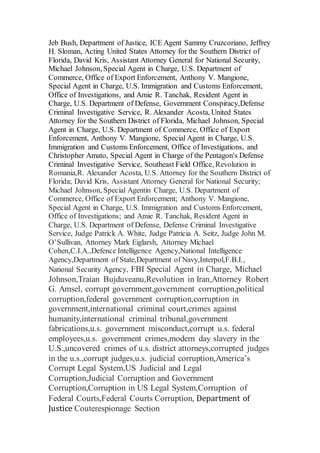 Jeb Bush, Department of Justice, ICE Agent Sammy Cruzcoriano, Jeffrey
H. Sloman, Acting United States Attorney for the Southern District of
Florida, David Kris, Assistant Attorney General for National Security,
Michael Johnson, Special Agent in Charge, U.S. Department of
Commerce, Office of Export Enforcement, Anthony V. Mangione,
Special Agent in Charge, U.S. Immigration and Customs Enforcement,
Office of Investigations, and Amie R. Tanchak, Resident Agent in
Charge, U.S. Department of Defense, Government Conspiracy,Defense
Criminal Investigative Service, R. Alexander Acosta, United States
Attorney for the Southern District of Florida, Michael Johnson, Special
Agent in Charge, U.S. Department of Commerce, Office of Export
Enforcement, Anthony V. Mangione, Special Agent in Charge, U.S.
Immigration and Customs Enforcement, Office of Investigations, and
Christopher Amato, Special Agent in Charge of the Pentagon's Defense
Criminal Investigative Service, Southeast Field Office, Revolution in
Romania,R. Alexander Acosta, U.S. Attorney for the Southern District of
Florida; David Kris, Assistant Attorney General for National Security;
Michael Johnson, Special Agentin Charge, U.S. Department of
Commerce, Office of Export Enforcement; Anthony V. Mangione,
Special Agent in Charge, U.S. Immigration and Customs Enforcement,
Office of Investigations; and Amie R. Tanchak, Resident Agent in
Charge, U.S. Department of Defense, Defense Criminal Investigative
Service, Judge Patrick A. White, Judge Patricia A. Seitz, Judge John M.
O’Sullivan, Attorney Mark Eiglarsh, Attorney Michael
Cohen,C.I.A.,Defence Intelligence Agency,National Intelligence
Agency,Department of State,Department of Navy,Interpol,F.B.I.,
National Security Agency, FBI Special Agent in Charge, Michael
Johnson,Traian Bujduveanu,Revolution in Iran,Attorney Robert
G. Amsel, corrupt government,government corruption,political
corruption,federal government corruption,corruption in
government,international criminal court,crimes against
humanity,international criminal tribunal,government
fabrications,u.s. government misconduct,corrupt u.s. federal
employees,u.s. government crimes,modern day slavery in the
U.S.,uncovered crimes of u.s. district attorneys,corrupted judges
in the u.s.,corrupt judges,u.s. judicial corruption,America’s
Corrupt Legal System,US Judicial and Legal
Corruption,Judicial Corruption and Government
Corruption,Corruption in US Legal System,Corruption of
Federal Courts,Federal Courts Corruption, Department of
Justice Couterespionage Section
 