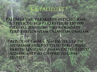 Kā palīdzēt?
Palīdzēt var, parakstot petīciju. Kad
 šo petīciju būs parakstījuši 150’000
 cilvēku, ziņojums tiks nogādāts
 Peru prezidentam Oljantam Umalam.

“Prezident Umala, Naftas ieguve un
  izciršana izolēto cilšu teritorijās
  varētu iznīcināt dabas ciltis. Lūdzu
  aizsargājiet šo cilvēku tiesības
  dzīvot. “
 