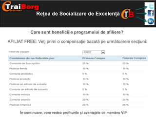 Rețea de Socializare de Excelență

Care sunt beneficiile programului de afiliere?
AFILIAT FREE: Veţi primi o compensaţie bazată pe următoarele secţiuni:

În continuare, vom vedea profiturile și avantajele de membru VIP

 