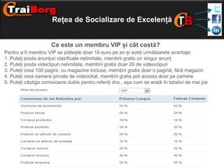 Rețea de Socializare de Excelență
Ce este un membru VIP și cât costă?
Pentru a fi membru VIP se plătește doar 16 euro pe an și aveți următoarele avantaje:
1. Puteți posta anunțuri clasificate nelimitate, membrii gratis un singur anunț
2. Puteți posta videclipuri nelimitate, membrii gratis doar 20 de videoclipuri
3. Puteți crea 100 pagini, cu magazine incluse, membrii gratis doar o pagină, fără magazin
4. Puteți crea camere private de videochat, membrii gratis pot accesa doar pe camere
5. Puteți câștiga comisioane duble pentru referiți dvs., așa cum se arată în tabelul de mai jos

 