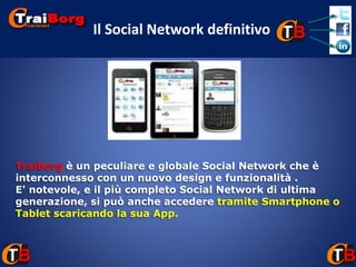 Il Social Network definitivo

Traiborg è un peculiare e globale Social Network che è
interconnesso con un nuovo design e f...