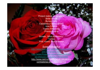 Proiect realizat de Grupa IV
               Bolat Sevda
               Bunea Melis
        Cazacencu Oana Daniela
               Iove Cristina
            Ivanov Alexandra
              Procop Lorena

        Scoala ,,Nifon Balasescu’’
                  Tulcea
        Prof. coord. Nica Andreea

             Surse Bibliografice
http://www.ifeel.ro/c_combaterea-stresului-
           prin-alimentatie.html
http://www.fmagazin.ro/sanatate/combater
    ea-stresului-cu-ajutorul-alimentatiei
http://www.csid.ro/health/reguli-noi-pentru-
       combaterea-stresului-7720743/
 