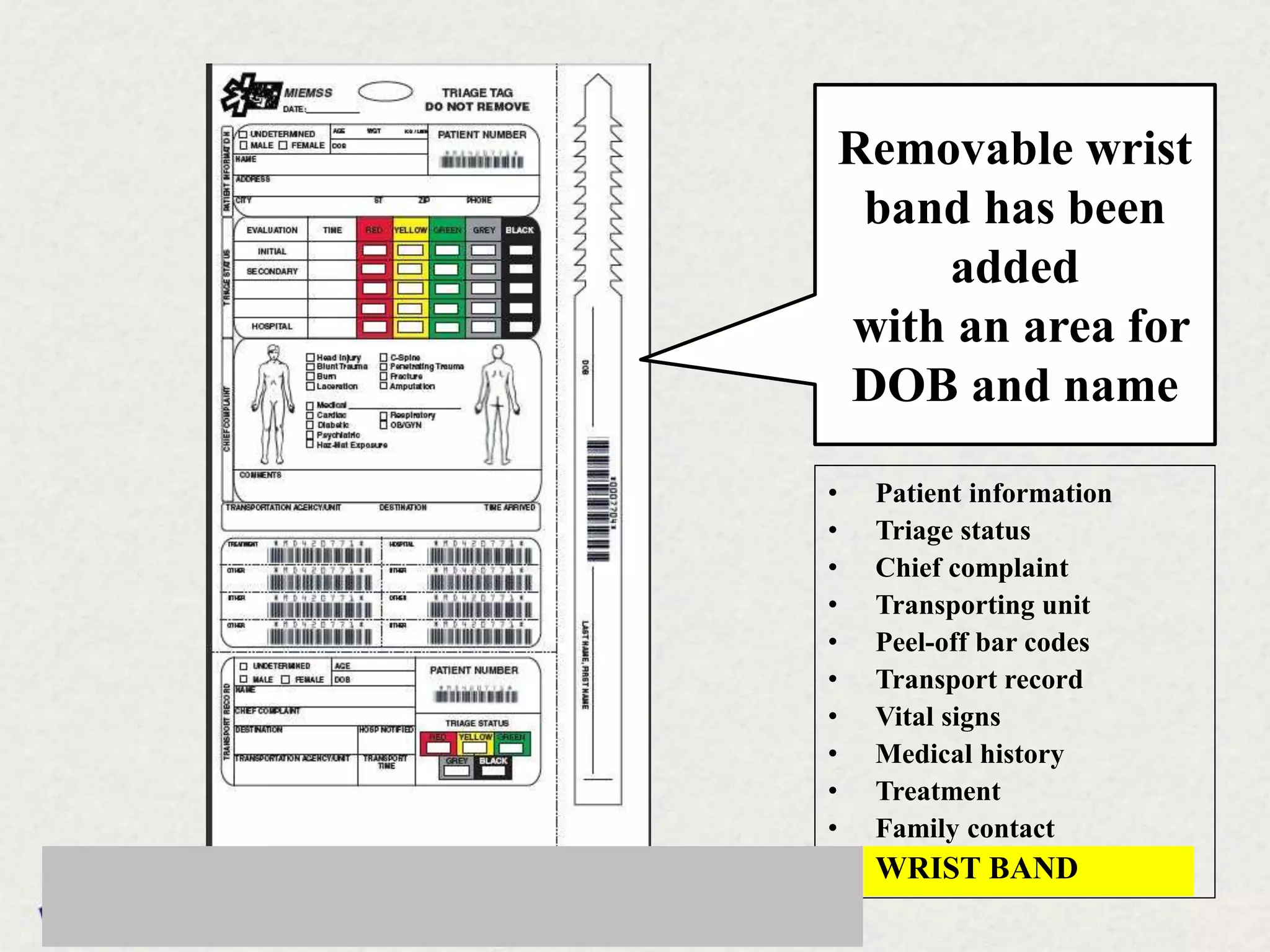 Removable wrist
band has been
added
with an area for
DOB and name
• Patient information
• Triage status
• Chief complaint
• Transporting unit
• Peel-off bar codes
• Transport record
• Vital signs
• Medical history
• Treatment
• Family contact
• WRIST BAND
 