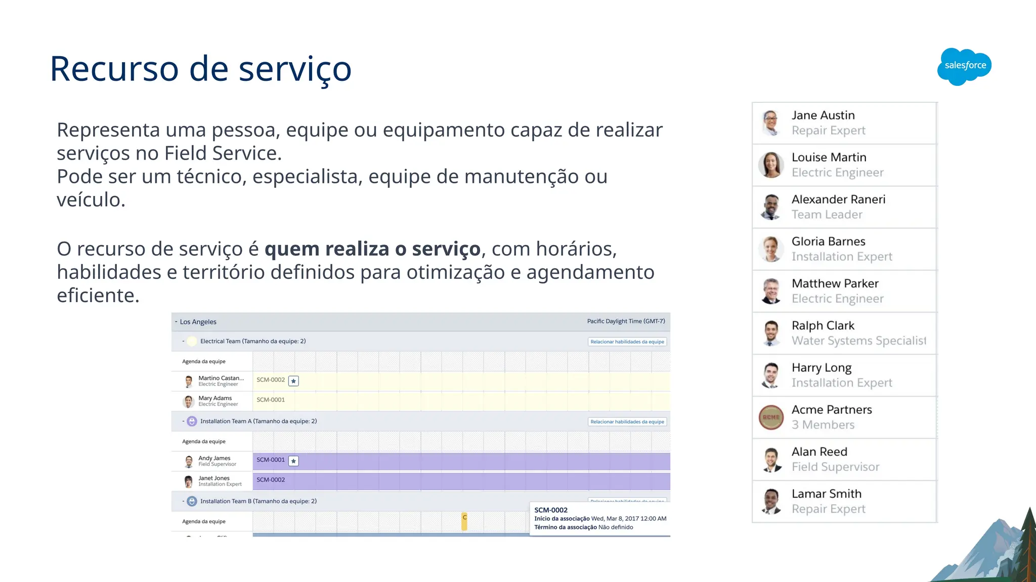 Recurso de serviço
Representa uma pessoa, equipe ou equipamento capaz de realizar
serviços no Field Service.
Pode ser um técnico, especialista, equipe de manutenção ou
veículo.
O recurso de serviço é quem realiza o serviço, com horários,
habilidades e território definidos para otimização e agendamento
eficiente.
 