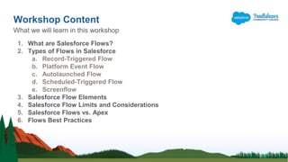 Workshop Content
What we will learn in this workshop
1. What are Salesforce Flows?
2. Types of Flows in Salesforce
a. Record-Triggered Flow
b. Platform Event Flow
c. Autolaunched Flow
d. Scheduled-Triggered Flow
e. Screenflow
3. Salesforce Flow Elements
4. Salesforce Flow Limits and Considerations
5. Salesforce Flows vs. Apex
6. Flows Best Practices
 
