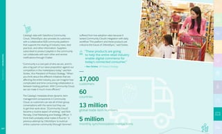 Catalog1 data with Salesforce Community
Cloud, 1WorldSync also provides its customers
with a collaborative B2B community platform
that supports the sharing of industry news, best
practices, and other information. Suppliers
subscribed to product playlists in the community
can collaborate with each other and receive
notifications through Chatter.
“Community is a core part of who we are, and it’s
also a big part of our value proposition against our
competitors in the marketplace today,” said Ken
Sickles, Vice President of Product Strategy. “When
you think about the different initiatives that are
affecting the entire industry, you can imagine how
complicated and time consuming collaboration is
between trading partners. With Community Cloud,
we can make it much more efficient.”
The Catalog1 metadata drives dynamic item
management components in Community
Cloud, so customers can see all of their group
conversations with the same tool they use
to get their work done. “[Community Cloud]
became a routine aspect of working,” said Nick
Parnaby, Chief Marketing and Strategy Officer. “I
think that’s probably what makes it flourish.” A
previous attempt by 1WorldSync to build an
online customer community (through Yammer)
suffered from low adoption rates because it
lacked Community Cloud’s integration with daily
workflow.“This platform and these products are
critical to the future of 1WorldSync,” said Sickles.
“These products are going
to help the entire retail industry
enable digital commerce for
today’s connected consumer.”
— Ken Sickles, VP, Product Strategy
17,000
customers
60
countries
5 million
monthly synchronization transactions
13 million
global trade item numbers
107
TECHNOLOGY|1WORLDSYNC
 