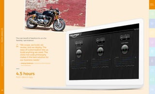 “The main benefit of Salesforce for us is the
flexibility,” said Anderson.
“We scope, we build, we
review, and we deploy. The
ease of customization lets us
build anything we need. The
clicks-not-code philosophy
makes it the best solution for
our business needs.”
— Jeremy Anderson, Salesforce Administrator
and Developer
4.5 hours
from idea to app
AUTOMOTIVEANDTRANSPORTATION|TRIUMPHAMERICALTD.
16
AUTOMOTIVEANDTRANSPORTATION|TRIUMPHAMERICALTD.
 