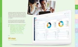 adjusting the approval criteria because too many
good applications were being denied. “It was very
clear to me,” said Slocum, “that she had spent her
overseas trip deep in the Salesforce1 Mobile App,
checking out every dashboard and every report on
our program.”
Since then, Slocum said he and his team have
been working to transfer all OneUnited Bank’s
legacy applications onto the Salesforce platform.
“We started to build more and more
data about our customers into
Salesforce so we could have
that single pane of glass, that
360-degree view everybody
is looking for. And it has
transformed our business.”
— Jim Slocum, Chief Information Officer
90 days
from idea to app
23
FINANCIALSERVICES|ONEUNITEDBANK
 