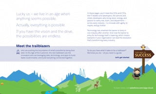 SUCCESS
Lucky us — we live in an age when
anything seems possible.
Actually, everything is possible.
If you have the vision and the drive,
the possibilities are endless.
In these pages, you’ll meet the CIOs and CTOs,
the IT leaders and developers, the admins and
citizen developers who bring vision, energy, and
passion to every role, team, and department —
across every industry — to innovate with agility, to
inspire, and go further.
Technology has smashed the barrier to entry in
one industry after another. And now the barrier to
entry for technology itself is lowering, which means
everyone in your organization can lead the revolution
that’s transforming every industry.
who are pushing the boundaries of what’s possible by being their
best. In this Age of the Customer, the real trailblazers are the
innovators who are leveraging data, technology, and apps to build
faster, build smarter, and build everything connected together.
Meet the trailblazers
So do you have what it takes to be a trailblazer?
We know you do — all you need is a guide.
To learn more, visit salesforce.com/app-cloud. 
Let’s get started.
 
