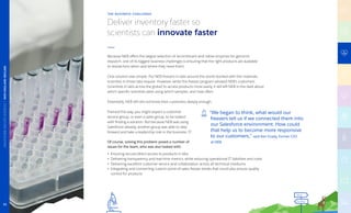 Because NEB offers the largest selection of recombinant and native enzymes for genomic
research, one of its biggest business challenges is ensuring that the right products are available
to researchers when and where they need them.
One solution was simple: Put NEB freezers in labs around the world stocked with the materials
scientists in those labs require. However, while this freezer program allowed NEB’s customers
(scientists in labs across the globe) to access products more easily, it still left NEB in the dark about
which specific scientists were using which samples, and how often.
Essentially, NEB still did not know their customers deeply enough.
Framed this way, you might expect a customer
service group, or even a sales group, to be tasked
with finding a solution. But because NEB was using
Salesforce already, another group was able to step
forward and take a leadership role in the business: IT.
Of course, solving this problem posed a number of
issues for the team, who was also tasked with:
• Ensuring secure/direct access to products in labs
• Delivering transparency and real-time metrics, while reducing operational IT liabilities and costs
• Delivering excellent customer service and collaboration across all technical mediums
• Integrating and connecting custom point-of-sales freezer kiosks that could also ensure quality
control for products
Deliver inventory faster so
scientists can innovate faster
THE BUSINESS CHALLENGE
“We began to think, what would our
freezers tell us if we connected them into
our Salesforce environment. How could
that help us to become more responsive
to our customers,” said Ken Grady, former CIO
at NEB.
Aha!
Eureka
HEALTHCAREANDLIFESCIENCES|NEWENGLANDBIOLABS
32
 