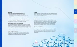 Workflows
Overall, NEB uses a wide range of workflows to:
• Send welcome emails when new users register
• Open the freezer door for 20 minutes when a new user
requests access
• Monitor freezer temperature to ensure product integrity
There is also a workflow that sends NEB an email notification
when product inventory is low to trigger restocking.
Authorization, Security, and Compliance
The New England Biolabs IT department has control of over 34
profiles and 36 permission sets to give employees and scientists
access to certain tools and functions within Salesforce. There is no
external sharing and there is controlled and restricted IP access to
keep information secure.
APIs  Integration Services
REST and SOAP APIs are used to access, modify, and report
in Salesforce, and to generate notifications of changes. APIs
integrate and pull data from NEB’s SAP ERP system.
Chatter
Tech support uses Chatter to better help users with technological
issues. More than just a collaborative tool, Chatter is also used for
communications to NEB sales staff.
Analytics
Analytics is built into Salesforce and helps New England Biolabs
keep tabs on key business metrics like adoption, case metrics,
company performance, and sales pipeline management. Reports
and dashboards provide new views of data to make managing
freezer assets and turnovers, in-stock versus nonstock orders,
restocking, and distributor metrics, simpler, easier, and faster.
Salesforce1 Mobile App
Salesforce data is pushed to mobile devices to enable employees
to manage inventory on the go. Apps, dashboards, and reports
on enzyme sales, freezer status, inventory needs, order status,
and more, are all available anywhere through the Salesforce1
Mobile App.
 
HEALTHCAREANDLIFESCIENCES|NEWENGLANDBIOLABS
36
 