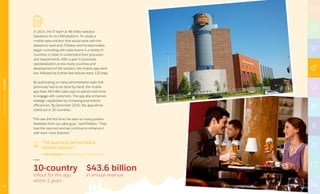 “The business demanded a
mobile solution.”
–Vital Potlatov, Senior Business Technologist
10-country
rollout for the app
within 2 years
$43.6 billion
in annual revenue
In 2014, the IT team at AB InBev selected
Salesforce for its CRM platform. To create a
mobile sales solution that would work with the
Salesforce back end, Potlatov and his teammates
began consulting with sales teams in a variety of
countries in order to understand their processes
and requirements. After a year in processes
standardization across many countries and
development of the solution, the mobile app went
live, followed by further fast rollouts every 120 days.
By automating so many administrative tasks that
previously had to be done by hand, the mobile
app frees AB InBev sales reps to spend more time
to engage with customers. The app also enhances
strategic capabilities by increasing promotions
efficiencies. By December 2016, the app will be
rolled out in 10 countries.
“This was the first time I’ve seen so many positive
feedback from our sales guys,” said Potlatov. “They
love the new tool and we continue to enhance it
with even more features.”
43
MANUFACTURING|ABINBEV
 