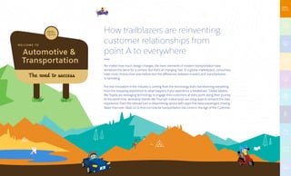 Automotive &
Transportation
W E LC O M E TO
The road to success
How trailblazers are reinventing
customer relationships from
point A to everywhere
No matter how much design changes, the basic elements of modern transportation have
remained the same for a century. But that’s all changing, fast. In a global marketplace, consumers
have more choices than ever before and the differences between models and manufacturers
is narrowing.
The real innovation in the industry is coming from the technology that’s transforming everything
from the shopping experience to what happens if you experience a breakdown. Global leaders
like Toyota are leveraging technology to engage their customers at every point along their journey.
At the same time, venerable brands like Triumph motorcycles are using apps to reinvent the rider
experience. Even the railroad train is streamlining service with apps that keep passengers moving
faster than ever. Read on to find out how far transportation has come in the Age of the Customer.
 