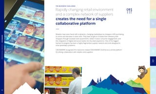 Retailers have been faced with a dynamic, changing marketplace as shoppers shift purchasing
to online and decrease in-store visits. They have sought to increase their relevancy with
shoppers through localized store assortments, better in-store consumer engagement, and
the integration of digital and social media into the retail experience. One of the biggest
barriers to progress has been a highly fragmented supplier network and tools designed to
solve yesterday’s problems.
CROSSMARK recognized this need and created CROSSMARK OneHub as a central platform
for driving collaboration with retailers and suppliers.
Rapidly changing retail environment
and a complex network of suppliers
creates the need for a single
collaborative platform
THE BUSINESS CHALLENGE
77
PROFESSIONALSERVICES|CROSSMARK
 