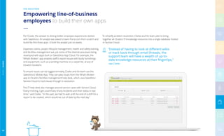 For Ocado, the answer to driving better employee experiences started
with Salesforce. An analyst was asked to learn Force.com from scratch and
build the first three apps. It took the analyst just six weeks.
Expenses claims, project lifecycle management, health and safety training,
and facilities management are just some of the internal processes being
revamped with apps built on Salesforce App Cloud. For example, the
“What’s Broken” app enables staff to report issues with faulty furnishings
and equipment, such as a vending machine or a carpet tile, at any of
Ocado’s locations.
To ensure issues can be logged remotely, Clarke and his team use the
Salesforce1 Mobile App. They can pass issues from the What’s Broken
app to Ocado’s facilities management help desk, which uses Salesforce
Service Cloud to track issues through to resolution.
The IT help desk also manages around service cases with Service Cloud.
“Every morning, I get a summary of any incidents and their status in real
time,” said Clarke. “In the past, we had to wait until the end of a shift for a
report to be created, which would be out of date by the next day.”
To simplify problem resolution, Clarke and his team plan to bring
together all Ocado’s IT knowledge resources into a single database hosted
in Service Cloud.
Empowering line-of-business
employees to build their own apps
THE SOLUTION
“Instead of having to look at different wikis
or track back through email threads, the
support team will have a wealth of up-to-
date knowledge resources at their fingertips,”
says Clarke.
RETAIL|OCADO
95
 