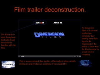 Film trailer deconstruction.

                                                                                         As dimension
                                                                                         films is a coveted
                                                                                         production
The film title is
                                                                                         company they
used throughout
                                                                                         usually have their
the trailer to get
                                                                                         logo in the
the audience
                                                                                         beginning of the
familiar with the
                                                                                         trailer to show that
film.
                                                                                         the film is made by
                                                                                         a well known
                                                                                         company.


                     This is a conventional shot used in a film trailer it shows which
                     institution and production company it was created by.
 