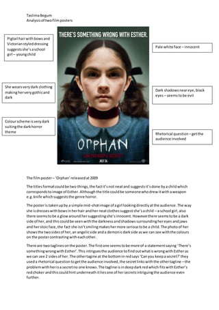 TaslimaBegum
Analysisof twofilmposters
The filmposter– ‘Orphan’releasedat 2009
The titlesformatcouldbe two things,the factit’snot neatand suggestsit’sdone bya child which
correspondstoimage of Esther.Although the title couldbe someonewhodrew itwithaweapon
e.g.knife whichsuggeststhe genre horror.
The posteris takenupby a simple mid-shotimage of agirl lookingdirectlyatthe audience.The way
she isdresseswithbowsinherhair andher neatclothessuggestshe’sachild – a school girl,also
there seemstobe a glowaround hersuggestingshe’sinnocent.Howeverthere seemstobe a dark
side of her,and thiscouldbe seenwiththe darknessandshadowssurroundinghereyes andjaws
and herstoicface, the fact she isn’tsmilingmakeshermore serioustobe a child.The photoof her
showsthe twosidesof her,an angelicside anda demonicdarkside aswe can see withthe colours
on the postercontrastingwitheachother.
There are twotaglinesonthe poster.The firstone seemstobe more of a statementsaying‘There’s
somethingwrongwithEsther’.This intriguesthe audience tofindoutwhatiswrongwithEstheras
we can see 2 sidesof her. The othertagine at the bottomin redsays ‘Canyou keepasecret?’ they
useda rhetorical questiontogetthe audience involved,the secretlinkswiththe othertagline –the
problemwithherisa secretno one knows.The tagline isindeepdarkredwhich fitswithEsther’s
redchoker andthiscouldhintunderneathitliesone of hersecretsintriguingthe audience even
further.
Pale white face – innocent
Dark shadowsneareye,black
eyes – seemstobe evil
Pigtail hairwithbowsand
Victorianstyleddressing
suggestsshe’saschool
girl – youngchild
Rhetorical question –getthe
audience involved
She wearsverydark clothing
makingherverygothicand
dark
Colourscheme isverydark
suitingthe darkhorror
theme
 