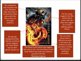 The selling line
only mentions one
 actor ‘Nicholas
Cage’ thus fans of
his previous films                                                         The key image
 may watch this                                                          suggests this film
 film as they are                                                           will be full of
    the target                                                            action. Also the
    audience.                                                            whip may suggest
                                                                             he is a hero
                                                                          fighting against
                                                                               villains.



     The ghostly                                                          The use of the
  background links                                                        release date is
  with the masthead                                                     effective because
    which suggests                                                       it will allow the
   the ‘Ghost Rider’                                                    audience to find
     may be after         The flame on the wheel may suggest           out when it will be
  ghosts. Spirits etc.   this actor is evil , also has flames on his       released thus
                          head. Which may make the audience                  making it
                                     questions the film.                    successful .
                                    Raising enigmas.
 