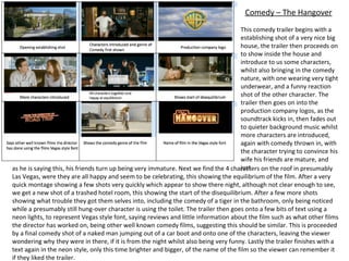Comedy – The Hangover This comedy trailer begins with a establishing shot of a very nice big house, the trailer then proceeds on to show inside the house and introduce to us some characters, whilst also bringing in the comedy nature, with one wearing very tight underwear, and a funny reaction shot of the other character. The trailer then goes on into the production company logos, as the soundtrack kicks in, then fades out to quieter background music whilst more characters are introduced, again with comedy thrown in, with the character trying to convince his wife his friends are mature, and just as he is saying this, his friends turn up being very immature. Next we find the 4 characters on the roof in presumably Las Vegas, were they are all happy and seem to be celebrating, this showing the equilibrium of the film. After a very quick montage showing a few shots very quickly which appear to show there night, although not clear enough to see, we get a new shot of a trashed hotel room, this showing the start of the disequilibrium. After a few more shots showing what trouble they got them selves into, including the comedy of a tiger in the bathroom, only being noticed while a presumably still hung-over character is using the toilet. The trailer then goes onto a few bits of text using a neon lights, to represent Vegas style font, saying reviews and little information about the film such as what other films the director has worked on, being other well known comedy films, suggesting this should be similar. This is proceeded by a final comedy shot of a naked man jumping out of a car boot and onto one of the characters, leaving the viewer wondering why they were in there, if it is from the night whilst also being very funny. Lastly the trailer finishes with a text again in the neon style, only this time brighter and bigger, of the name of the film so the viewer can remember it if they liked the trailer. 