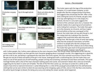 Horror – The Uninvited This trailer opens with the logo of the production company, it is a well known company, so lets people who like the company know its by them, and suggests they should like the film. After a few shots setting the scene of 2 friends, we get a shot of an eye with lighting on it in the shape of a keyhole, the fact it is very dark suggests the element of the unknown were she is, however the keyhole implies she is peering out of somewhere and is hiding form someone. The trailer then goes on to the character at a funeral, and hear it goes lack and white as they see a young girl at the funeral, the trailer does not say who the girl is, but the creepy look she is giving at the character suggests that could have been who they were hiding from. We then get a shot of some text saying what else the producers have done, to further reinforce to people who like the company and producers that the film is likely to be to there liking. The trailer then goes back to the graveyard and is in black and white, however now the girl is  with 2 other people, the 2 others seem oblivious to the main character there, but the girl keeps looking back at her with the same creepy look as before, we then get the main character googling about a young girl murder, this suggesting she is dead the girl she is ale to see, and being in a graveyard she may have risen from a grave, this very common occurrence in horror films. We get one last bit of black and white of the girl in her house, looking back with a confronting face, the the trailer then cuts away to a lot of fast paced cuts of stuff smashing, people running and screaming, and blood all over floors and walls. This quick montage finishes with a shot of the main character looking upset and scared, and covered in blood. She is also out of breath, suggesting she has been in some sort of battle. The title of the film then comes up, and stays on screen for a while so the viewers have time to read and memorize it. Lastly following this is a shot of the young girl presumably from the old fashioned clothing that can be seen similar to what she was wearing earlier dropping a glass of milk, and as it hits the floor and smashes, the white liquid changes to blood, this being very scary and making the viewer wonder what happened. 