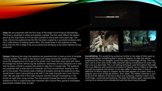 Sound/Editing: This would bring audiences further to the edge of their seats as
they would expect something bad is about to happen, an idea that will be
heightened by the non-diegetic sound that plays unnervingly off-key. The shot
then cuts to a two shot of the male character asking a local about his sister. The
shot cuts to a slow fade. This is an editing technique used throughout the trailer.
This is an effective and common convention of Slasher horror trailers as they help
to build up suspense and tension is can also reflect a heart beat or time of
reflection of what is about to happen. As the fade appears on screen, there is a
diegetic voice-over of the old woman; ‘She’s dead’. The elderly character is sour-
faced and her delivery of the fact is blunt and unfeeling, making it seem more
cruel, tragic, unnatural and shocking. The fade that follows again represents life
coming to an abrupt and untimely end and that dark times lie ahead.
Strap: We are presented with the first strap of the trailer: From Producer Michael Bay.
The strap is presented in white and appears cracked. The font used reflects the slasher
genre as the strap looks as if it has been painted on the screen many years ago. The
strap informs the audience that the film has been created by a successful producer, who
has a solid history of making slasher films. This would draw in the audience as they
know that this film is likely to be as successful and terrifying as the other Slashers he has
produced.
Camera: Following the strap, the audience are presented with a close up shot of multiple
‘missing’ posters. This adds to the tension and unease among the audience as they
know the disappearance of the girl in the poster must have been associated with Jason
the antagonist, further reinforcing the audience’s awareness of how dangerous he is and
how he poses a threat to anyone who dares to step foot in Crystal Lake. The audience
are presented with a wide shot of a character ‘not from around there’ looking for the
girl on the poster. This would create a feeling of empathy among the audience as they
would know if Jason had anything to do with it, the male character won’t ever find his
sister. We see wide shot of the male character and the final girl investigating in the
woods at night time, using torches. This shot would increase the tension among the
audience as this is a typical way that characters die in horror films; going to investigate
abandoned, isolated areas at night.
 