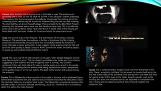 Camera: This is followed by a close up shot of the couple in the tent, with a shadowed figure
behind them outside the tent, the audience would instantly know that the silhouette is Jason.
The shot then fades out to another black screen. This follows the conventional narrative, that
the killer strikes in the act of a female teen having casual sex. Therefore she is punished by
death first before the male character.
Camera: After the fade, the first jump scare of the trailer is used. The audience are
presented with a close up shot of, what we assume, is one of Jason’s victims screaming.
This creates a link, the camera wants the audience to associate the missing girl to this
screaming victim, reinforcing the audience’s understanding that she has died suffering.
The shot itself has an almost ‘found footage’ theme similarly to the Blair Witch Project’,
ensuring that the death seems more real and therefore more scary. This is an effective
jump scare as the audience would have been drawn in by the news of the missing girl
being dead, with their eyes hooked on the screen before the jump scare occurs.
Strap: The second strap is then featured: ‘And the Director of The Texas Chainsaw
Massacre’. This would draw the audience in further as they know this film is being
produced and directed by the same team that successfully created the franchise of
Texas Chainsaw, a classic slasher film. It also suggests to the audience that this film will
be of the same quality as Texas Chainsaw. At this point in the trailer, the editing begins
to speed up, with multiple shots of different victims.
Sound: The voice over of the old woman kicks in again; ‘when people disappear around
here they’re gone for good.’ The non-diegetic sound becomes louder and more intense,
suggesting to the audience that the antagonist Jason is coming. This is further
reinforced in the next shot, where the camera quickly zooms in on a tent in the woods.
This creates the feeling that the audience are seeing the tent from Jason’s perspective,
as he quickly moves in on his next victims. This adds to the tension and unease among
the audience.
Sound: This is combined with a diegetic voice-over from the female in the
shot; ‘there’s something out there.’ this increases the tension built up by the
first half of the trailer as the audience know exactly who’s out there and what
he’s going to do. At this stage in the trailer, diegetic sounds , such as the
shutting of a door and whispered voices, are amplified to compliment the
rise in drama and to create moments of shock that will heighten the
audience’s fear.
 