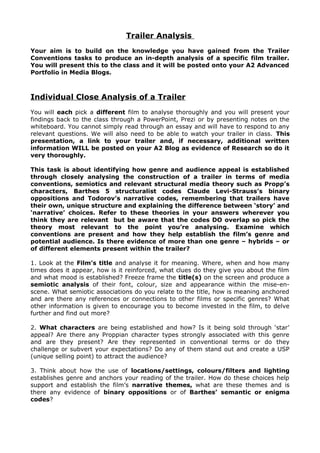 Trailer Analysis 
Your aim is to build on the knowledge you have gained from the Trailer 
Conventions tasks to produce an in-depth analysis of a specific film trailer. 
You will present this to the class and it will be posted onto your A2 Advanced 
Portfolio in Media Blogs. 
Individual Close Analysis of a Trailer 
You will each pick a different film to analyse thoroughly and you will present your 
findings back to the class through a PowerPoint, Prezi or by presenting notes on the 
whiteboard. You cannot simply read through an essay and will have to respond to any 
relevant questions. We will also need to be able to watch your trailer in class. This 
presentation, a link to your trailer and, if necessary, additional written 
information WILL be posted on your A2 Blog as evidence of Research so do it 
very thoroughly. 
This task is about identifying how genre and audience appeal is established 
through closely analysing the construction of a trailer in terms of media 
conventions, semiotics and relevant structural media theory such as Propp’s 
characters, Barthes 5 structuralist codes Claude Levi-Strauss’s binary 
oppositions and Todorov’s narrative codes, remembering that trailers have 
their own, unique structure and explaining the difference between ‘story’ and 
‘narrative’ choices. Refer to these theories in your answers wherever you 
think they are relevant but be aware that the codes DO overlap so pick the 
theory most relevant to the point you’re analysing. Examine which 
conventions are present and how they help establish the film’s genre and 
potential audience. Is there evidence of more than one genre – hybrids – or 
of different elements present within the trailer? 
1. Look at the Film’s title and analyse it for meaning. Where, when and how many 
times does it appear, how is it reinforced, what clues do they give you about the film 
and what mood is established? Freeze frame the title(s) on the screen and produce a 
semiotic analysis of their font, colour, size and appearance within the mise-en-scene. 
What semiotic associations do you relate to the title, how is meaning anchored 
and are there any references or connections to other films or specific genres? What 
other information is given to encourage you to become invested in the film, to delve 
further and find out more? 
2. What characters are being established and how? Is it being sold through ‘star’ 
appeal? Are there any Proppian character types strongly associated with this genre 
and are they present? Are they represented in conventional terms or do they 
challenge or subvert your expectations? Do any of them stand out and create a USP 
(unique selling point) to attract the audience? 
3. Think about how the use of locations/settings, colours/filters and lighting 
establishes genre and anchors your reading of the trailer. How do these choices help 
support and establish the film’s narrative themes, what are these themes and is 
there any evidence of binary oppositions or of Barthes’ semantic or enigma 
codes? 
 