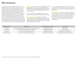 Towing a trailer involves all major vehicle systems of your
Chevrolet vehicle. Easy and safe trailering requires a properly
equipped vehicle, additional trailering equipment and an
appropriate trailer. It also requires loading both the vehicle
and trailer properly, using safe driving techniques, meeting
regional legal requirements, and following break-in and
maintenance schedules. The vehicle owner is responsible for
obtaining the proper equipment (hitch ball, hitch type of the
proper size and capacity) required to safely tow both the
trailer and the load that will be towed. For more information,
consult your Owner’s Manual or speak to a trailering expert at
your Chevrolet dealer. These charts will assist in determining
how to best equip your Chevrolet vehicle for trailering. To help
you understand the charts, consider these trailering factors:
RGAWR AND GVWR  Addition of trailer hitch weight cannot cause
vehicle weights to exceed Rear Gross Axle Weight Rating
(RGAWR) or Gross Vehicle Weight Rating (GVWR). These ratings
can be found on the certification label located on the driver
door or doorframe.
GCWR  The Gross Combination Weight Rating is the total
allowable weight of the completely loaded vehicle and trailer.
TRAILER WEIGHT RATING  This rating is determined by
subtracting the tow vehicle’s weight (curb weight) from the
Gross Combination Weight Rating (GCWR). Base vehicle (curb)
weight plus driver is used, so additional passengers, equipment
and cargo weight reduce this rating.
NOTE  The safety steps described here are by no means the
only precautions to be taken when trailering. See the Owner’s
Manual for your Chevrolet vehicle for additional guidelines and
trailering tips.
TRAILERING CAUTION  If you don’t use the correct equipment
and drive properly, you can lose control of your vehicle when
you pull a trailer. If the trailer is too heavy, your vehicle brakes
may be less effective. You and your passengers could be
seriously injured. Pull a trailer only after you have read the
information in this guide and followed the steps on the
following pages.
04 trailering basics
1 Represents minimum recommended hitches. Please refer to your trailer’s Owner’s Manual or ask your Chevrolet dealer.  2 Not required on Silverado 2500HD or 3500HD. 
Trailer Classification Typical Examples Typical gross trailer weight Examples Typical Hitch Type1
Light-Duty (I) Folding camping trailer, snowmobiles and personal watercraft trailers (trailer and cargo combined) Up to 2,000 lbs. gross trailer weight Weight-carrying hitch
Medium-Duty (II) Single-axle trailers up to 18 ft., open utility trailers and small speedboats 2,001–3,500 lbs. gross trailer weight Weight-carrying hitch
Heavy-Duty (III) Dual- or single-axle trailers, larger boats and enclosed utility trailers 3,501–5,000 lbs. gross trailer weight Weight-carrying hitch2
or weight-distributing hitch
Extra Heavy-Duty (IV) Two-horse, travel and fifth-wheel recreational trailers 5,001–10,000 lbs. gross trailer weight Weight-distributing hitch2
or fifth-wheel hitch
Maximum Heavy-Duty (V) Largest horse, travel and fifth-wheel recreational or commercial trailers 10,001 lbs.-and-above gross trailer weight Weight-distributing hitch,2
fifth-wheel hitch or gooseneck hitch
 