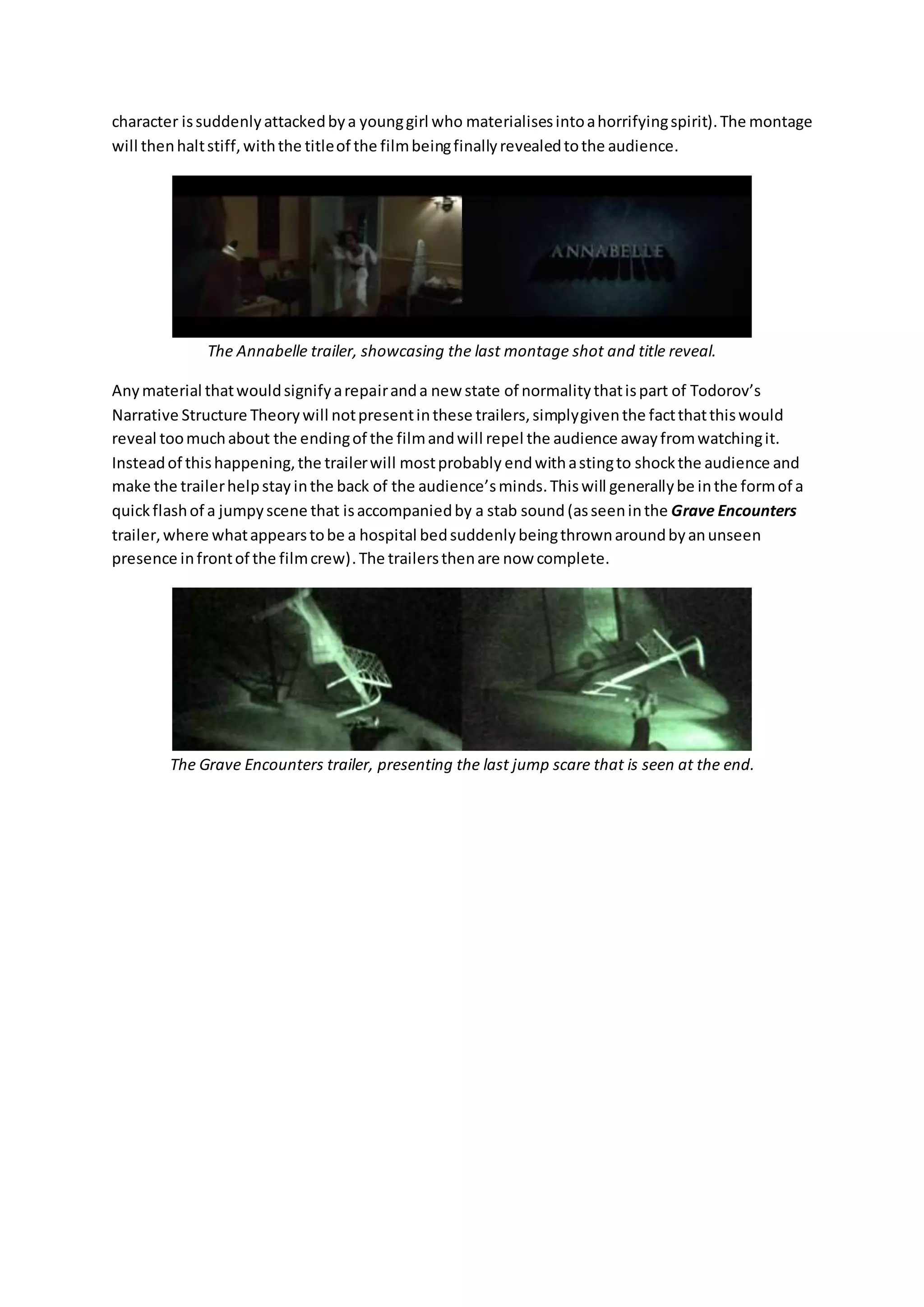 character is suddenly attacked by a young girl who materialises into a horrifying spirit). The montage 
will then halt stiff, with the title of the film being finally revealed to the audience. 
The Annabelle trailer, showcasing the last montage shot and title reveal. 
Any material that would signify a repair and a new state of normality that is part of Todorov’s 
Narrative Structure Theory will not present in these trailers, simply given the fact that this would 
reveal too much about the ending of the film and will repel the audience away from watching it. 
Instead of this happening, the trailer will most probably end with a sting to shock the audience and 
make the trailer help stay in the back of the audience’s minds. This will generally be in the form of a 
quick flash of a jumpy scene that is accompanied by a stab sound (as seen in the Grave Encounters 
trailer, where what appears to be a hospital bed suddenly being thrown around by an unseen 
presence in front of the film crew). The trailers then are now complete. 
The Grave Encounters trailer, presenting the last jump scare that is seen at the end. 
