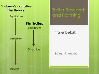 Todarov’s narrative
film theory:
Equilibrium

Trailer Research
and Planning

Film trailer:
Equilibrium

Trailer Details
Disruption

Disruption
By Yasmin Watkins

Solution

 