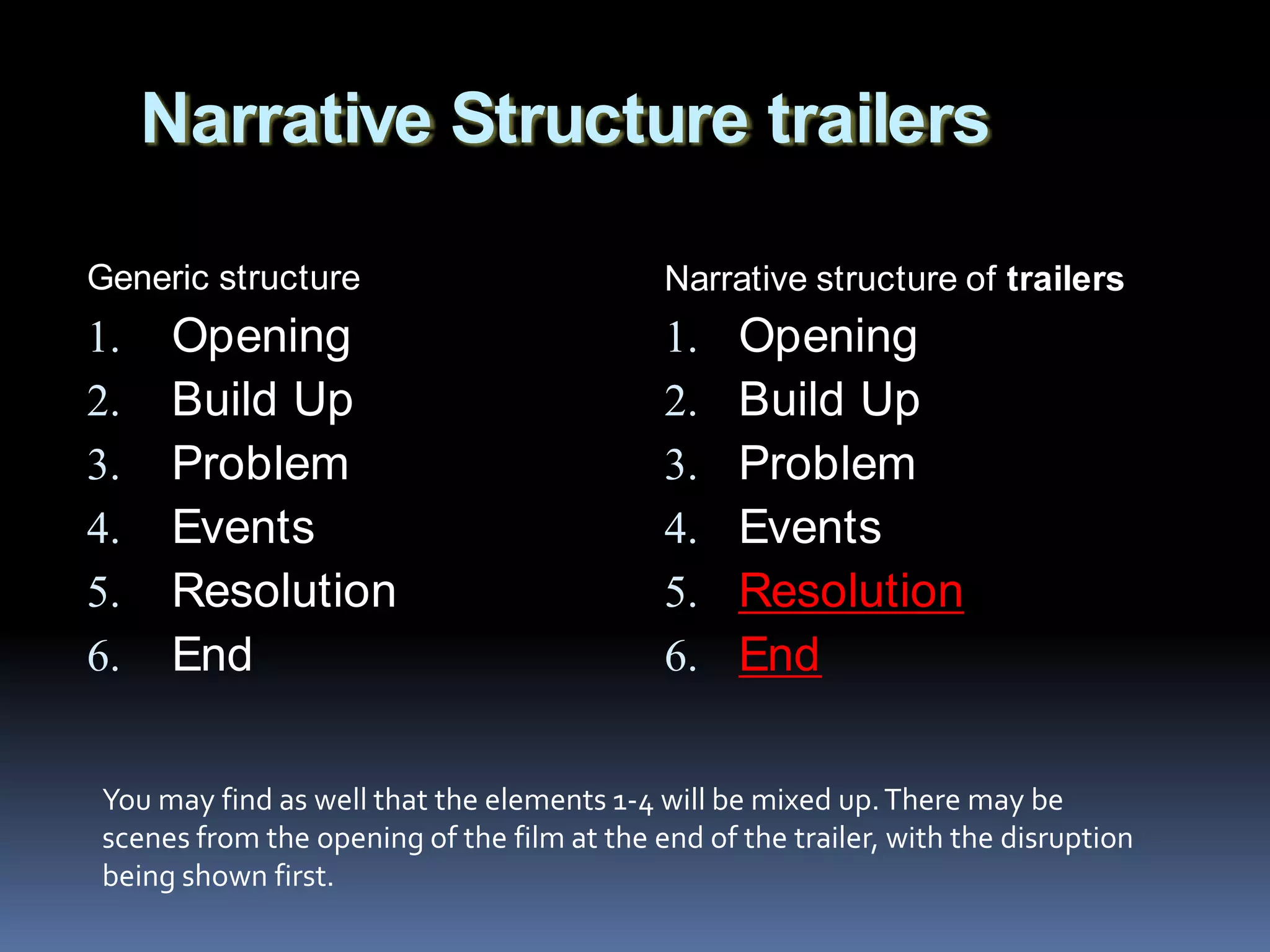 Narrative Structure trailersGeneric structureOpening Build UpProblemEvents ResolutionEndNarrative structure of trailersOpeningBuild UpProblemEvents ResolutionEndYou may find as well that the elements 1-4 will be mixed up. There may be scenes from the opening of the film at the end of the trailer, with the disruption being shown first. 