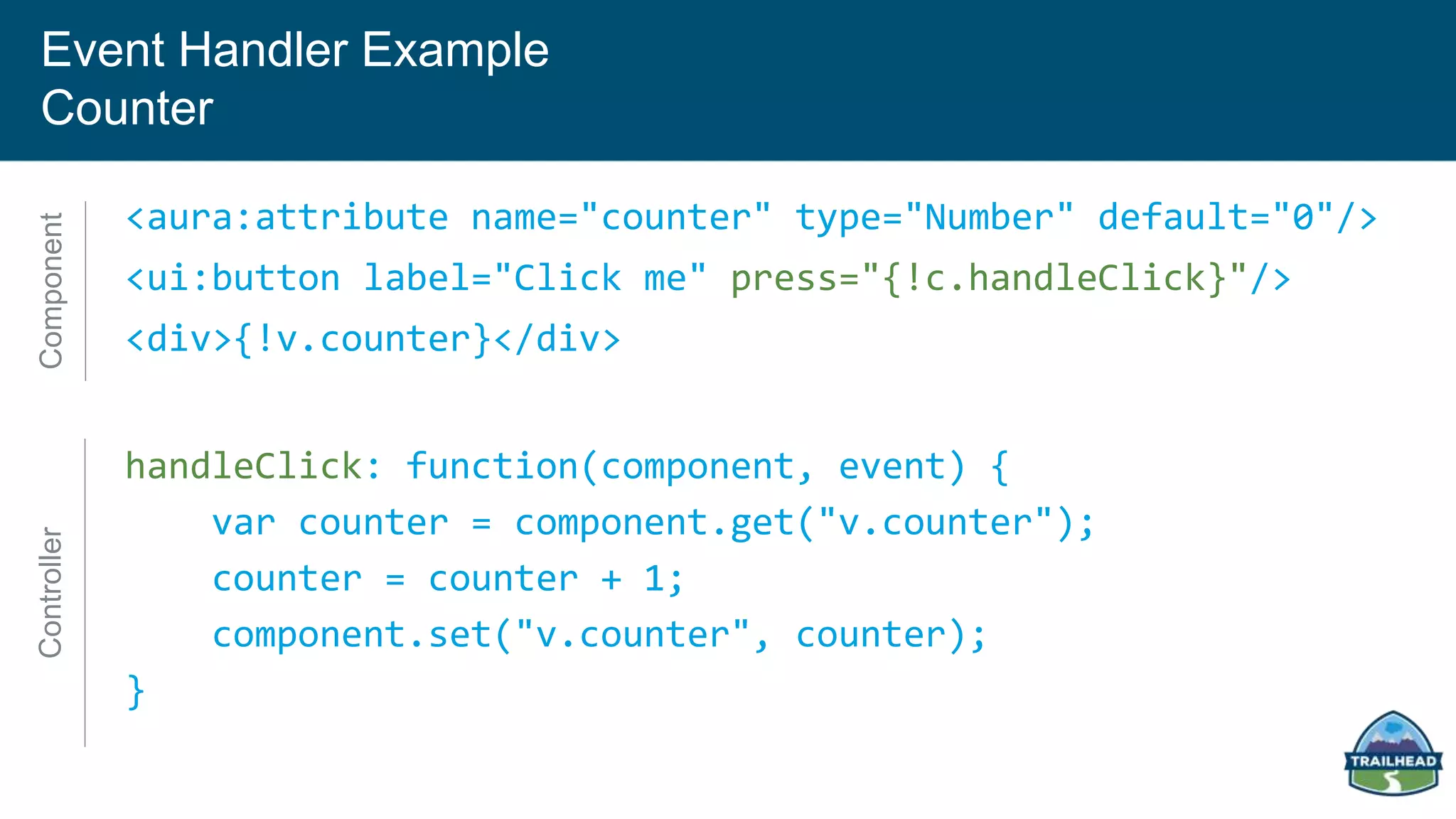 <aura:attribute name="counter" type="Number" default="0"/>
<ui:button label="Click me" press="{!c.handleClick}"/>
<div>{!v.counter}</div>
handleClick: function(component, event) {
var counter = component.get("v.counter");
counter = counter + 1;
component.set("v.counter", counter);
}
ComponentControllerEvent Handler Example
Counter
 