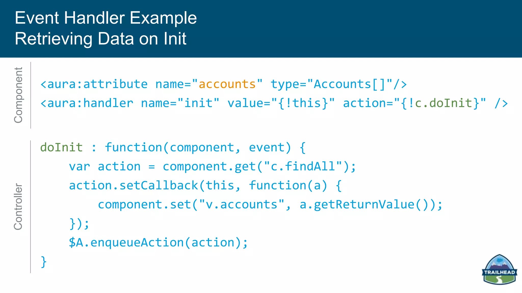 Event Handler Example
Retrieving Data on Init
<aura:attribute name="accounts" type="Accounts[]"/>
<aura:handler name="init" value="{!this}" action="{!c.doInit}" />
doInit : function(component, event) {
var action = component.get("c.findAll");
action.setCallback(this, function(a) {
component.set("v.accounts", a.getReturnValue());
});
$A.enqueueAction(action);
}
ComponentController
 